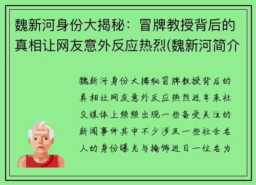 魏新河身份大揭秘：冒牌教授背后的真相让网友意外反应热烈(魏新河简介)
