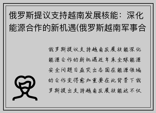 俄罗斯提议支持越南发展核能：深化能源合作的新机遇(俄罗斯越南军事合作)