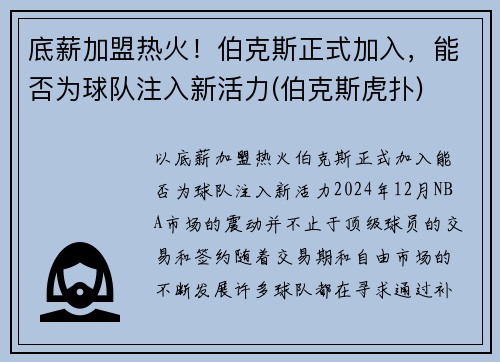 底薪加盟热火！伯克斯正式加入，能否为球队注入新活力(伯克斯虎扑)