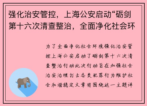 强化治安管控，上海公安启动“砺剑第十六次清查整治，全面净化社会环境
