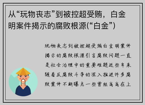 从“玩物丧志”到被控超受贿,白金明案件揭示的腐败根源(“白金”) 从“玩物丧志”到被控超受贿,白金明案件揭示的腐败根源(“白金”)