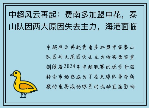 中超风云再起:费南多加盟申花,泰山队因两大原因失去主力,海港面临重创 中超风云再起:费南多加盟申花,泰山队因两大原因失去主力,海港面临重创