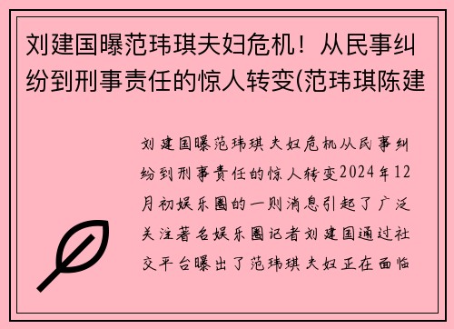 刘建国曝范玮琪夫妇危机!从民事纠纷到刑事责任的惊人转变(范玮琪陈建州婚纱照) 刘建国曝范玮琪夫妇危机!从民事纠纷到刑事责任的惊人转变(范玮琪陈建州婚纱照)